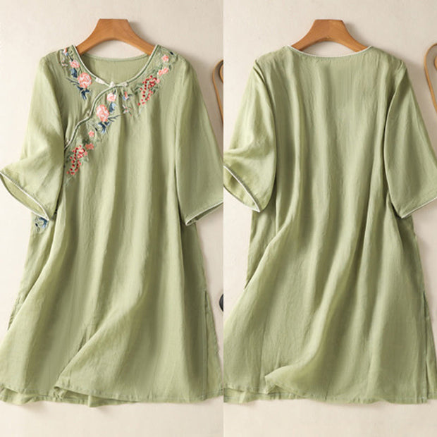 Buddha Stones Embroidery Flower Hem Slit Design Half Sleeve Cotton Linen Zen Midi Dress - image 6