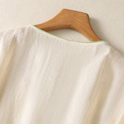 Buddha Stones Embroidery Flower Hem Slit Design Half Sleeve Cotton Linen Zen Midi Dress - image 10