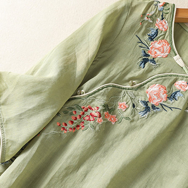 Buddha Stones Embroidery Flower Hem Slit Design Half Sleeve Cotton Linen Zen Midi Dress - image 4