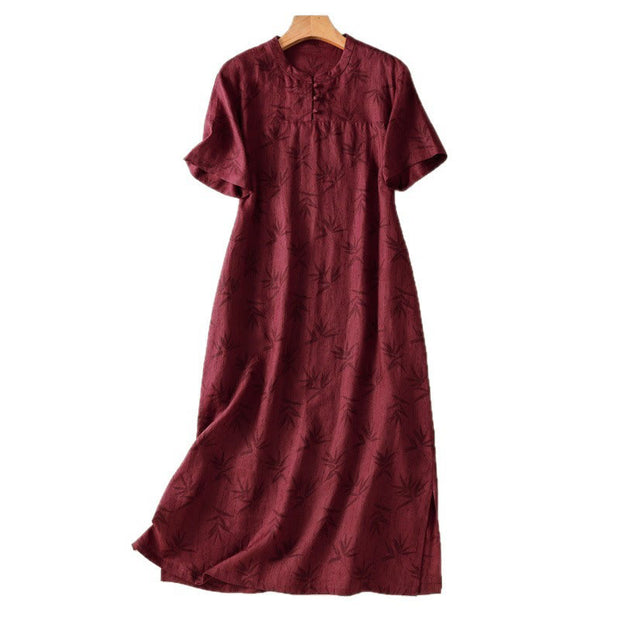 Buddha Stones Printing Leaves Pattern Short Sleeve Cotton Midi Dress With Pockets - image 14