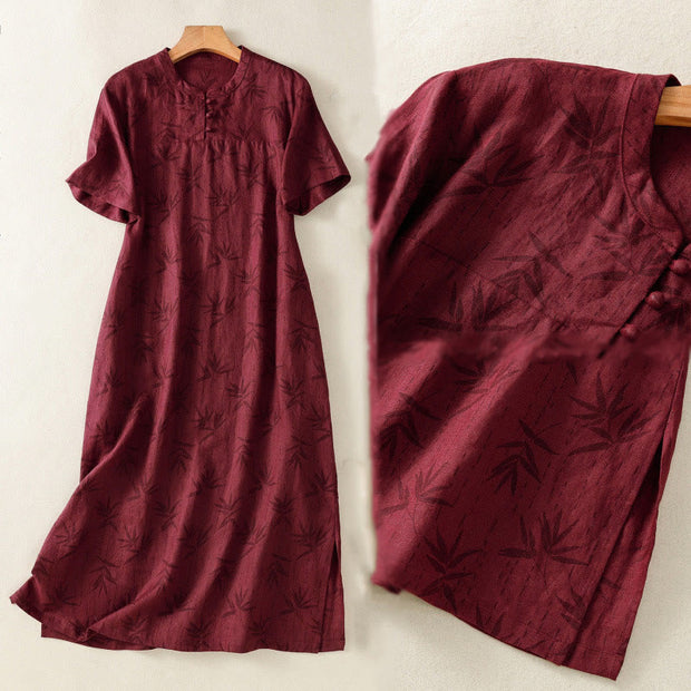 Buddha Stones Printing Leaves Pattern Short Sleeve Cotton Midi Dress With Pockets - image 13