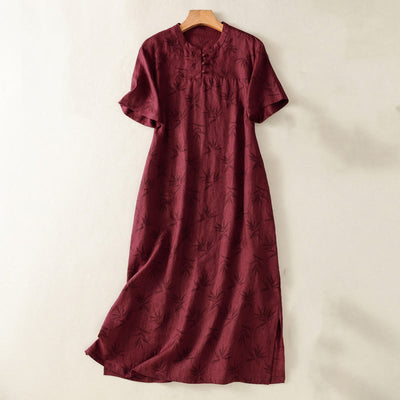 Buddha Stones Printing Leaves Pattern Short Sleeve Cotton Midi Dress With Pockets - FireBrick - US8-10，UK/AU12-14，EU40-42 (2XL) - image 1