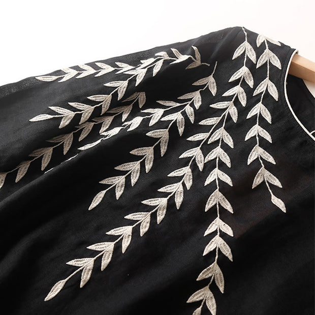 Buddha Stones Casual Embroidery Split Three Quarter Sleeve Cotton Linen Midi Dress - image 4