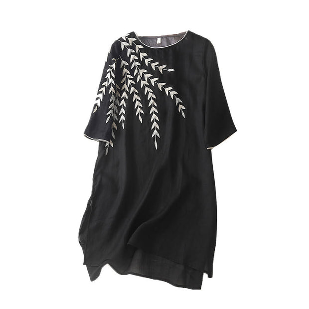 Buddha Stones Casual Embroidery Split Three Quarter Sleeve Cotton Linen Midi Dress - image 11