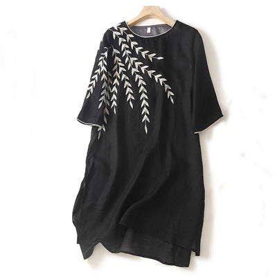 Buddha Stones Casual Embroidery Split Three Quarter Sleeve Cotton Linen Midi Dress - Black - US8-10，UK/AU12-14，EU40-42 (2XL) - image 1