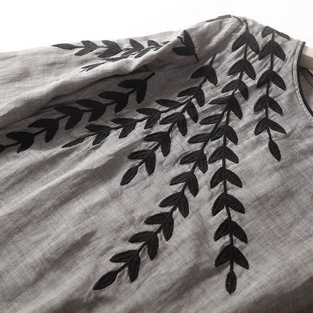 Buddha Stones Casual Embroidery Split Three Quarter Sleeve Cotton Linen Midi Dress - image 14