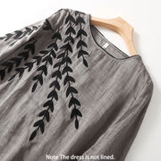 Buddha Stones Casual Embroidery Split Three Quarter Sleeve Cotton Linen Midi Dress - image 13