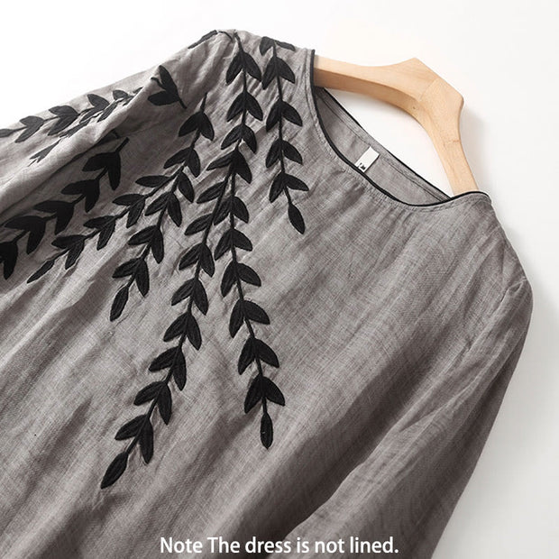 Buddha Stones Casual Embroidery Split Three Quarter Sleeve Cotton Linen Midi Dress - image 13