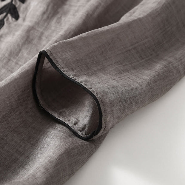 Buddha Stones Casual Embroidery Split Three Quarter Sleeve Cotton Linen Midi Dress - image 15