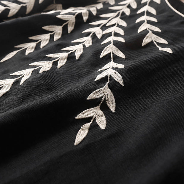 Buddha Stones Casual Embroidery Split Three Quarter Sleeve Cotton Linen Midi Dress - image 5