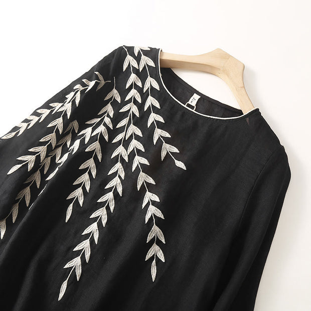 Buddha Stones Casual Embroidery Split Three Quarter Sleeve Cotton Linen Midi Dress - image 3