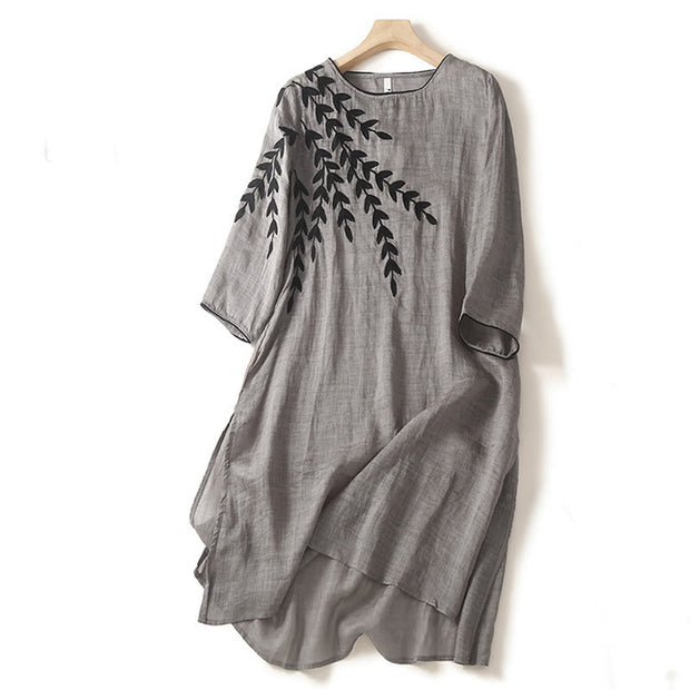 Buddha Stones Casual Embroidery Split Three Quarter Sleeve Cotton Linen Midi Dress - DarkGray - US8-10，UK/AU12-14，EU40-42 (2XL) - image 12