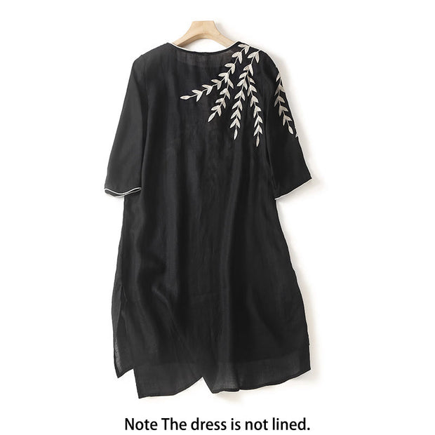 Buddha Stones Casual Embroidery Split Three Quarter Sleeve Cotton Linen Midi Dress - image 2