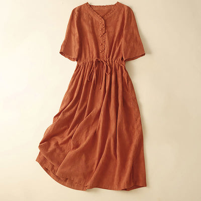 Buddha Stones Summer Jacquard Drawstring Pleated Design Cotton Linen Midi Dress With Pockets - DarkOrange - US14，UK/AU18，EU46 (2XL) - image 1