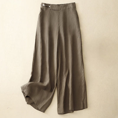 Buddha Stones Plain Color Frog-Button Cotton Linen Women's Wide Leg Pants With Pockets - SaddleBrown - US12，UK/AU16，EU44 (2XL) - image 1