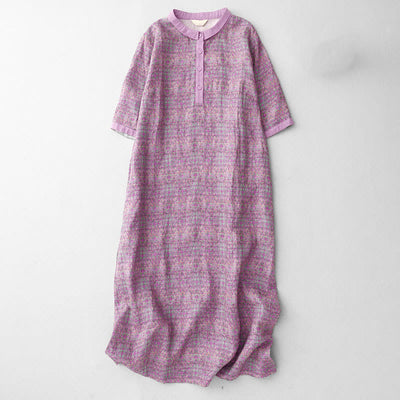 Buddha Stones Commute Printing Floral Pattern Short Sleeve Cotton Linen Midi Dress With Pockets - Orchid - US8-10，UK/AU12-14，EU40-42 (2XL) - image 1