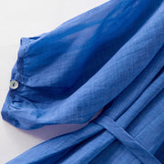 Buddha Stones Plain Drawstring Three Quarter Puff Sleeve Cotton Linen Maxi Dress With Pockets - image 9