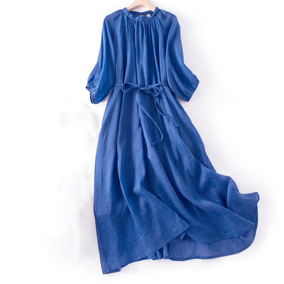 Buddha Stones Plain Drawstring Three Quarter Puff Sleeve Cotton Linen Maxi Dress With Pockets - Blue - US12，UK/AU16，EU44 (XL) - image 1