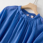 Buddha Stones Plain Drawstring Three Quarter Puff Sleeve Cotton Linen Maxi Dress With Pockets - image 4