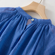 Buddha Stones Plain Drawstring Three Quarter Puff Sleeve Cotton Linen Maxi Dress With Pockets - image 6