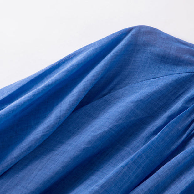 Buddha Stones Plain Drawstring Three Quarter Puff Sleeve Cotton Linen Maxi Dress With Pockets - image 7