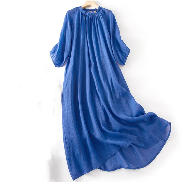 Buddha Stones Plain Drawstring Three Quarter Puff Sleeve Cotton Linen Maxi Dress With Pockets - image 3