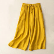Buddha Stones Plain Color 7-8 Length Capri Cropped Pants Cotton Linen Women's Wide Leg Pants With Pockets