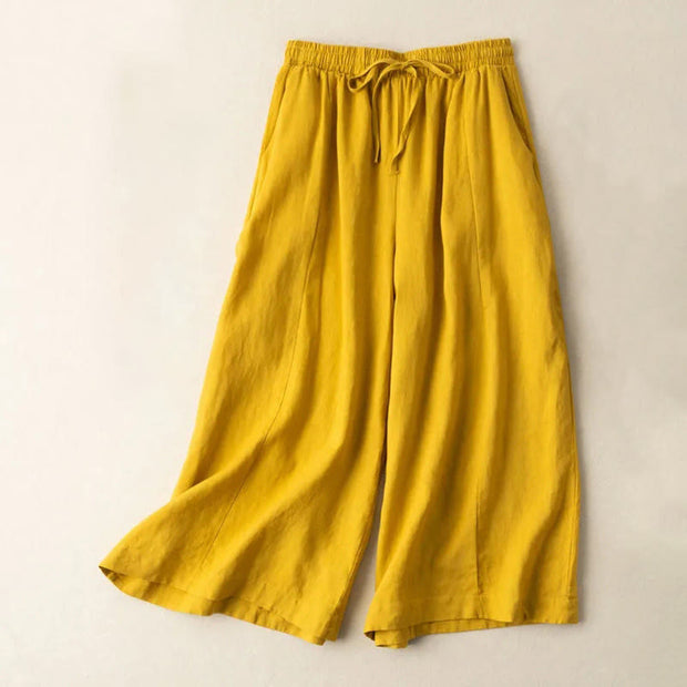 Buddha Stones Plain Color 7-8 Length Capri Cropped Pants Cotton Linen Women's Wide Leg Pants With Pockets