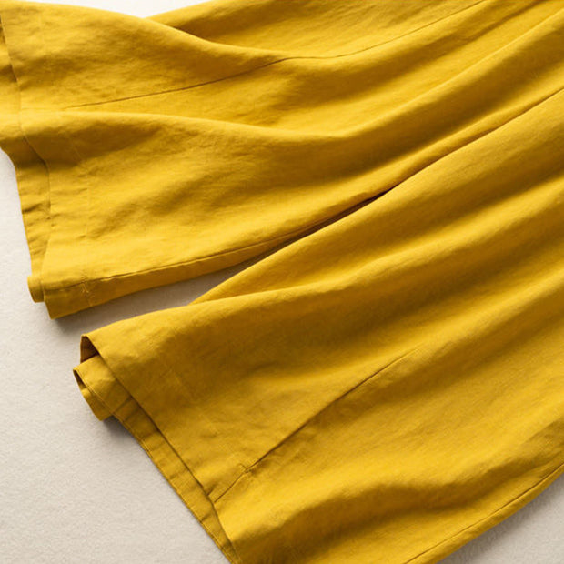 Buddha Stones Plain Color 7-8 Length Capri Cropped Pants Cotton Linen Women's Wide Leg Pants With Pockets