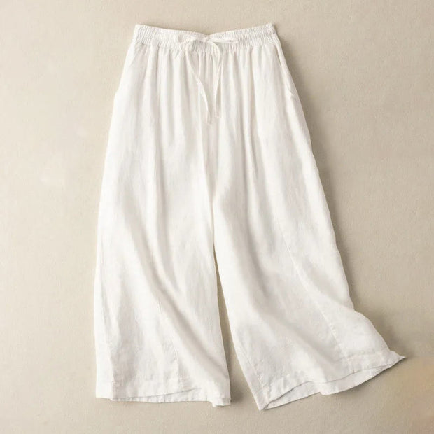 Buddha Stones Plain Color 7-8 Length Capri Cropped Pants Cotton Linen Women's Wide Leg Pants With Pockets - White - US12，UK/AU16，EU44 (3XL) - image 7