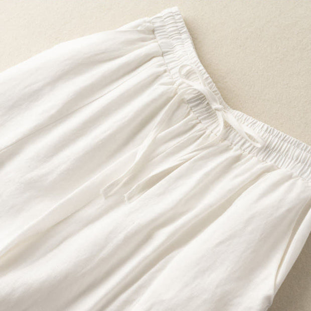 Buddha Stones Plain Color 7-8 Length Capri Cropped Pants Cotton Linen Women's Wide Leg Pants With Pockets