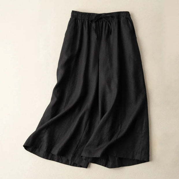Buddha Stones Plain Color 7-8 Length Capri Cropped Pants Cotton Linen Women's Wide Leg Pants With Pockets