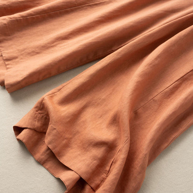 Buddha Stones Plain Color 7-8 Length Capri Cropped Pants Cotton Linen Women's Wide Leg Pants With Pockets