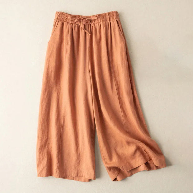 Buddha Stones Plain Color 7-8 Length Capri Cropped Pants Cotton Linen Women's Wide Leg Pants With Pockets
