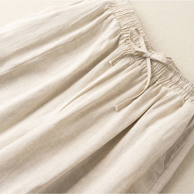 Buddha Stones Plain Color 7-8 Length Capri Cropped Pants Cotton Linen Women's Wide Leg Pants With Pockets
