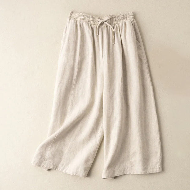 Buddha Stones Plain Color 7-8 Length Capri Cropped Pants Cotton Linen Women's Wide Leg Pants With Pockets