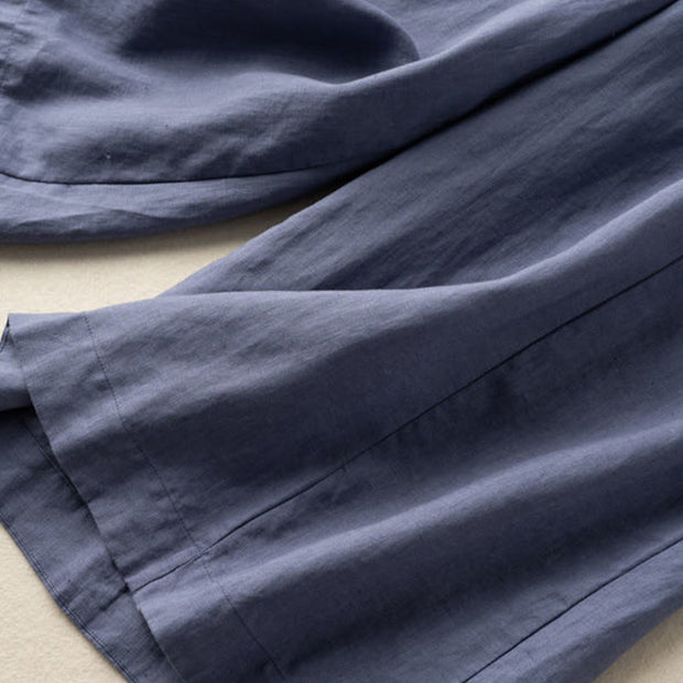 Buddha Stones Plain Color 7-8 Length Capri Cropped Pants Cotton Linen Women's Wide Leg Pants With Pockets