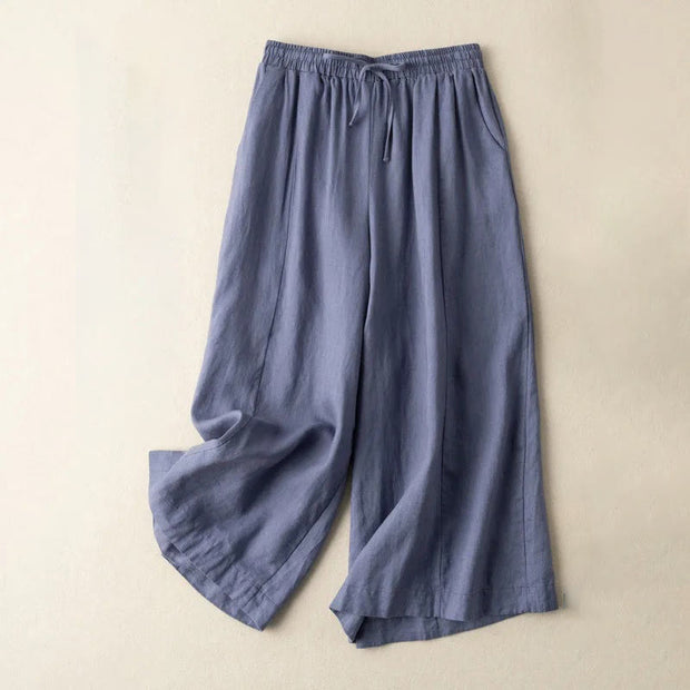 Buddha Stones Plain Color 7-8 Length Capri Cropped Pants Cotton Linen Women's Wide Leg Pants With Pockets