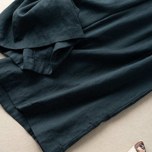 Buddha Stones Plain Color 7-8 Length Capri Cropped Pants Cotton Linen Women's Wide Leg Pants With Pockets