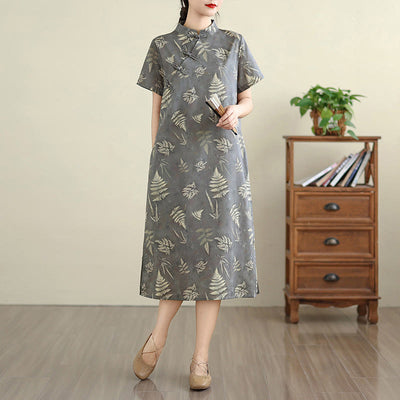 Buddha Stones Retro DarkGray Chinese Frog-Button Cotton Cheongsam Midi Dress With Pockets - DarkGray - US8-10，UK/AU12-14，EU40-42 (2XL) - image 1
