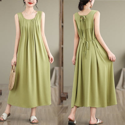 Buddha Stones Spring Solid Color Lace-Up Pleated Design Sleeveless Cotton Linen Maxi Dress - GreenYellow - US14，UK/AU18，EU46 (2XL) - image 1