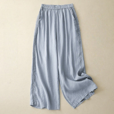 Buddha Stones Plain Color Lace Stitching Cotton Linen Women's Wide Leg Pants With Pockets - LightSkyBlue - US8-10，UK/AU12-14，EU40-42 (2XL) - image 1