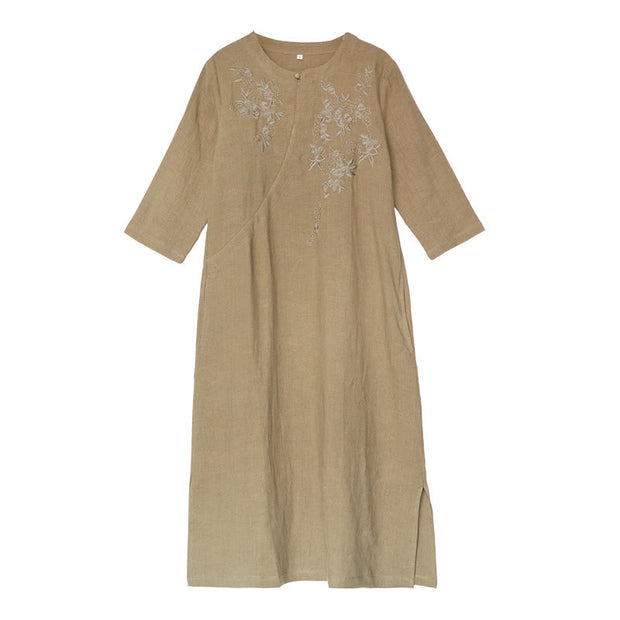 Buddha Stones Vintage Embroidery Three Quarter Sleeve Cotton Linen Midi Dress With Pockets - image 12