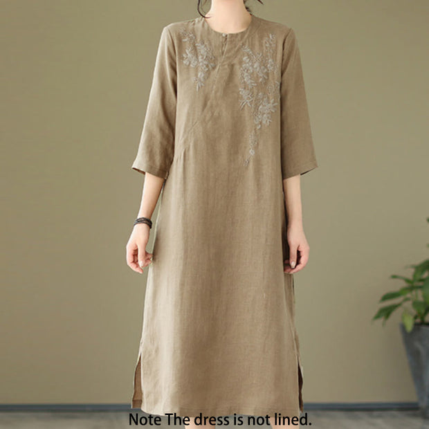 Buddha Stones Vintage Embroidery Three Quarter Sleeve Cotton Linen Midi Dress With Pockets - image 2