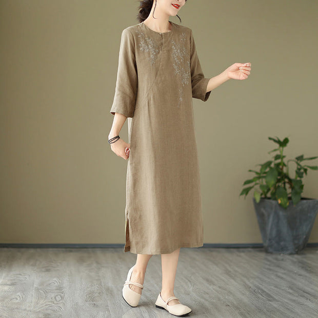 Buddha Stones Vintage Embroidery Three Quarter Sleeve Cotton Linen Midi Dress With Pockets - image 6