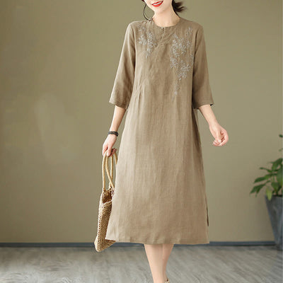 Buddha Stones Vintage Embroidery Three Quarter Sleeve Cotton Linen Midi Dress With Pockets - DarkKhaki - US8-10，UK/AU12-14，EU40-42 (2XL) - image 1