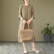 Buddha Stones Vintage Embroidery Three Quarter Sleeve Cotton Linen Midi Dress With Pockets - image 5