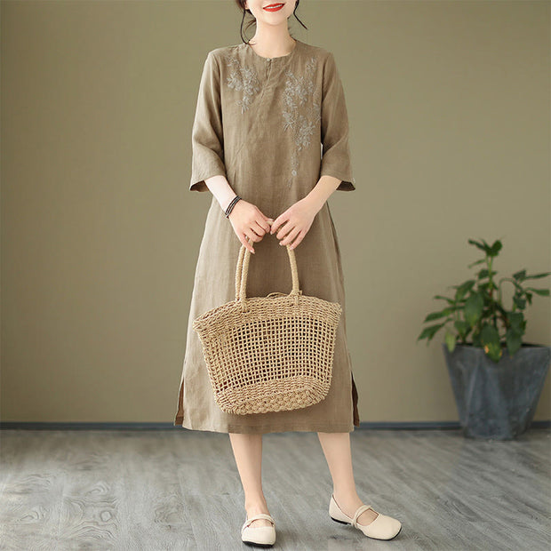 Buddha Stones Vintage Embroidery Three Quarter Sleeve Cotton Linen Midi Dress With Pockets - image 5