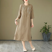 Buddha Stones Vintage Embroidery Three Quarter Sleeve Cotton Linen Midi Dress With Pockets - image 3