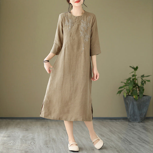 Buddha Stones Vintage Embroidery Three Quarter Sleeve Cotton Linen Midi Dress With Pockets - image 3
